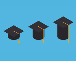 Three graduation caps of increasing size against a blue background